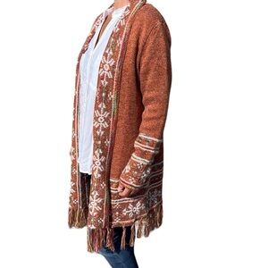 Adora Rust Orange Open‎ Front Boho Tribal Aztec Fringe Cardigan Sweater Size S/M